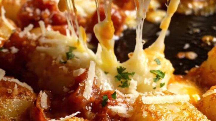 A close-up of crispy pan-fried gnocchi glazed in smoky red chorizo oil and topped with melted, bubbling Manchego cheese.