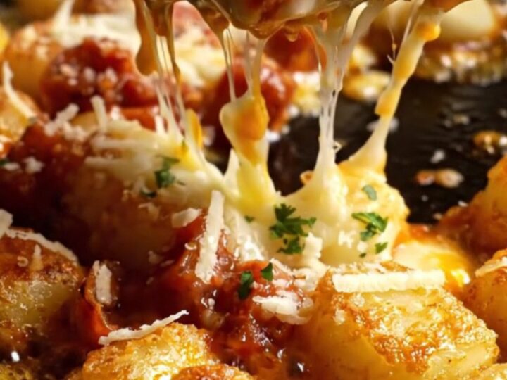 A close-up of crispy pan-fried gnocchi glazed in smoky red chorizo oil and topped with melted, bubbling Manchego cheese.