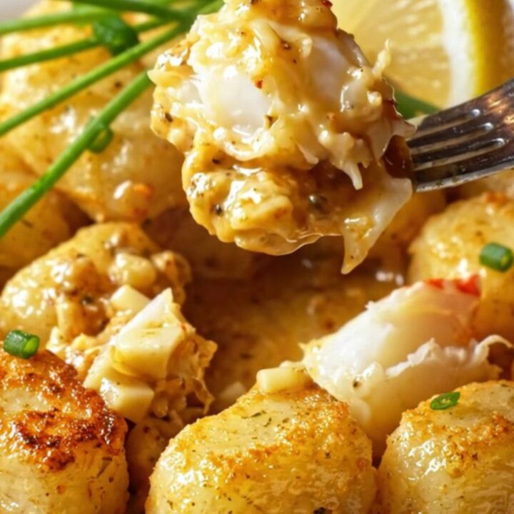 A steaming plate of golden pan-seared gnocchi tossed with jumbo lump blue crab in a rich garlic butter sauce.