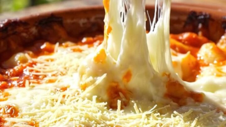 A close-up of a terracotta dish filled with Gnocchi alla Sorrentina showing a long, molten mozzarella cheese pull.