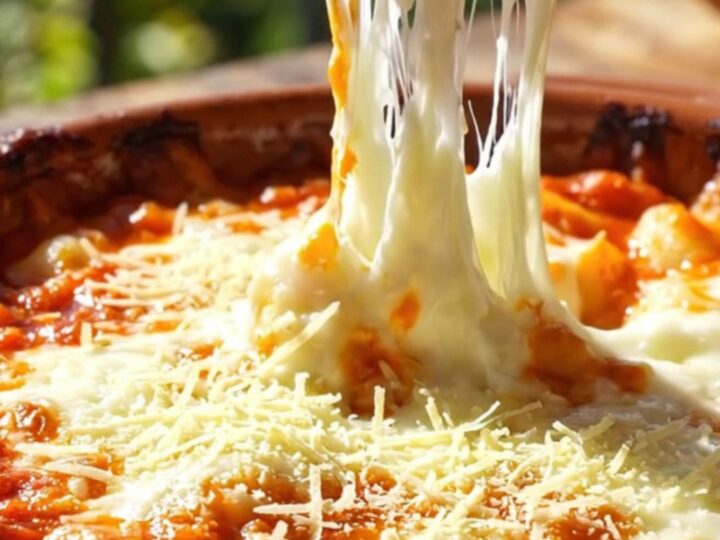 A close-up of a terracotta dish filled with Gnocchi alla Sorrentina showing a long, molten mozzarella cheese pull.