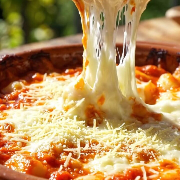 A close-up of a terracotta dish filled with Gnocchi alla Sorrentina showing a long, molten mozzarella cheese pull.
