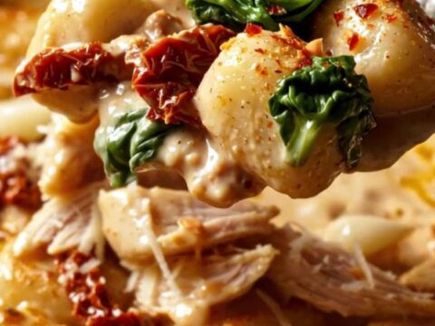 A close-up shot of golden-seared gnocchi and shredded chicken coated in a creamy sun-dried tomato sauce in a skillet.