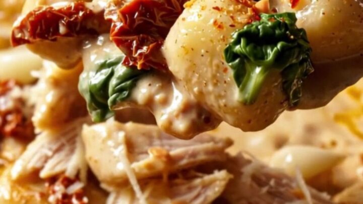A close-up shot of golden-seared gnocchi and shredded chicken coated in a creamy sun-dried tomato sauce in a skillet.