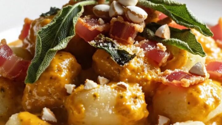A steaming bowl of pillowy gnocchi coated in a rich, orange pumpkin cream sauce, topped with crispy guanciale.