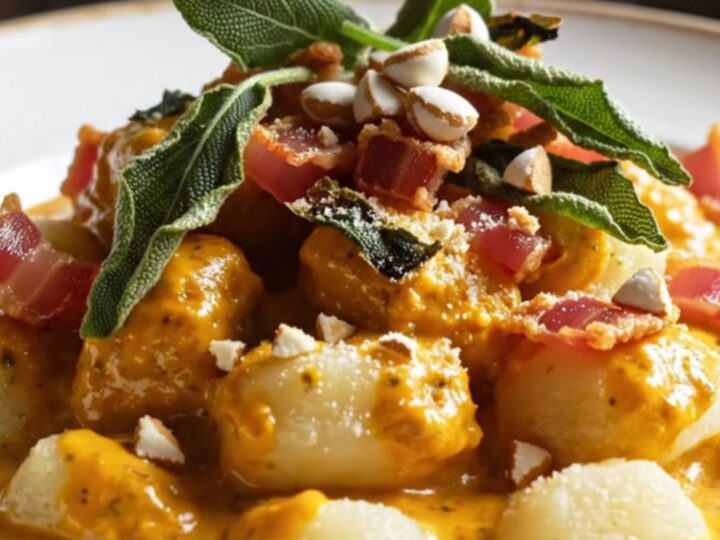 A steaming bowl of pillowy gnocchi coated in a rich, orange pumpkin cream sauce, topped with crispy guanciale.