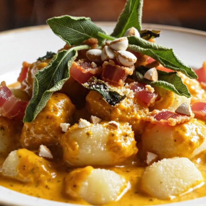 A steaming bowl of pillowy gnocchi coated in a rich, orange pumpkin cream sauce, topped with crispy guanciale.