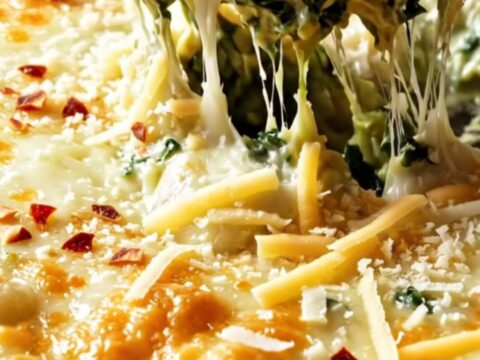 A cast iron skillet filled with a creamy, bubbling spinach and artichoke gnocchi bake with golden melted cheese.