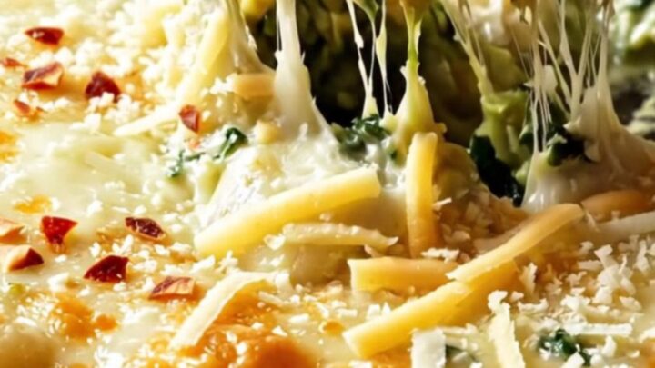 A cast iron skillet filled with a creamy, bubbling spinach and artichoke gnocchi bake with golden melted cheese.