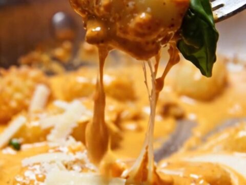 Extreme close-up of golden pan-seared gnocchi coated in a vibrant, velvety orange spicy vodka cream sauce with basil.