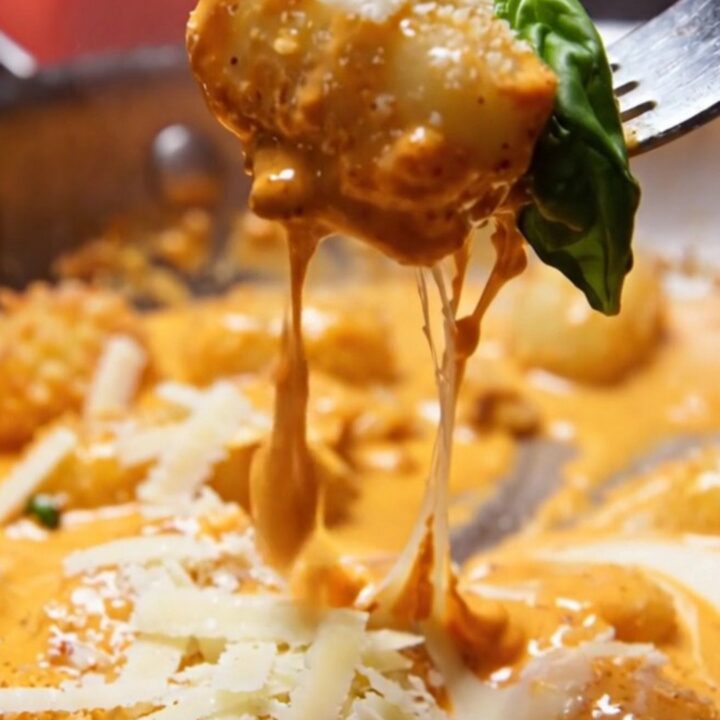 Extreme close-up of golden pan-seared gnocchi coated in a vibrant, velvety orange spicy vodka cream sauce with basil.