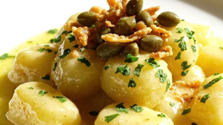 A close-up of golden-seared gnocchi coated in a glossy lemon butter sauce with crispy capers.