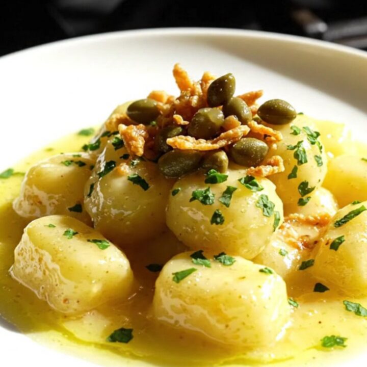 A close-up of golden-seared gnocchi coated in a glossy lemon butter sauce with crispy capers.