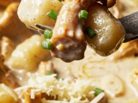 A close-up shot of golden chanterelle mushrooms and gnocchi in a creamy sauce, garnished with fresh chives.