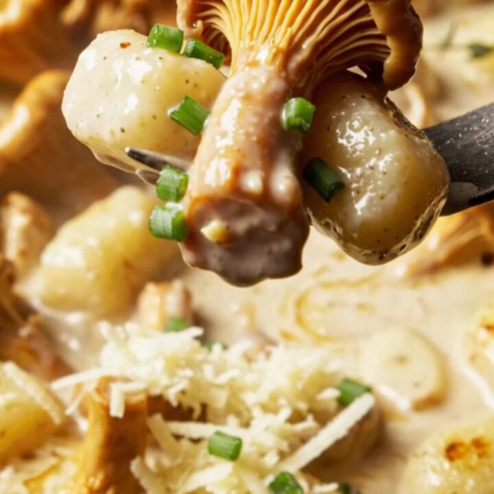 A close-up shot of golden chanterelle mushrooms and gnocchi in a creamy sauce, garnished with fresh chives.