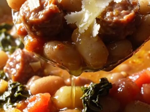 A rustic cast-iron skillet filled with browned Italian sausage, gnocchi, white beans, and kale in a creamy tomato sauce.