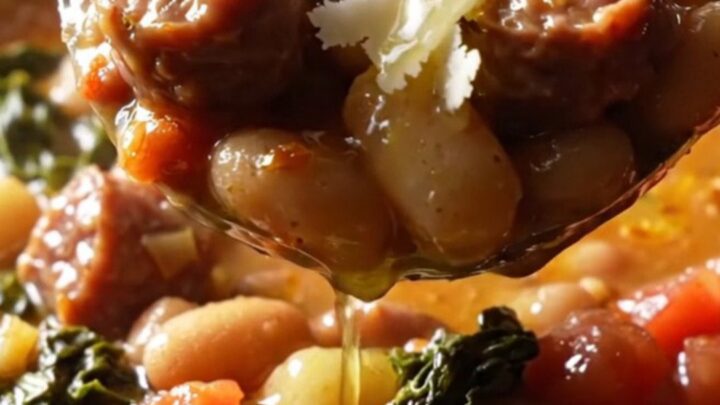 A rustic cast-iron skillet filled with browned Italian sausage, gnocchi, white beans, and kale in a creamy tomato sauce.