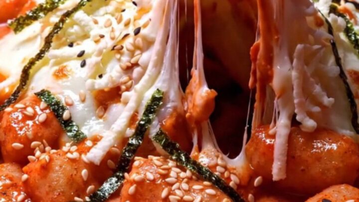 Extreme close-up of chewy potato gnocchi coated in a glossy Korean gochujang rosé cream sauce with melted mozzarella.