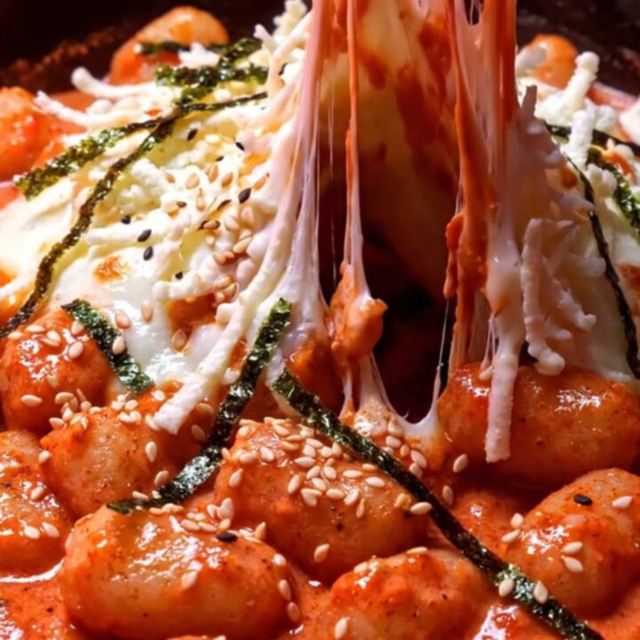 Extreme close-up of chewy potato gnocchi coated in a glossy Korean gochujang rosé cream sauce with melted mozzarella.