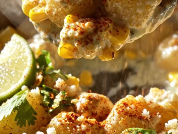 A close-up shot of crispy pan-seared gnocchi mixed with charred corn, creamy sauce