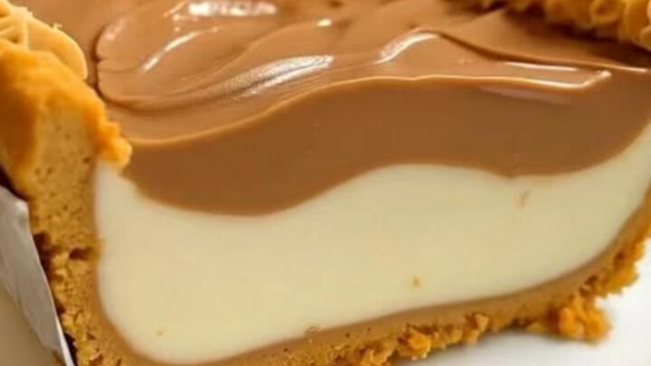 A close-up shot of a perfect slice of Amish peanut butter pie showing distinct layers and a golden crust.