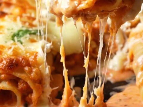 A close-up of crispy lasagna roll-ups in a cast-iron skillet with bubbling blush sauce and melted mozzarella.