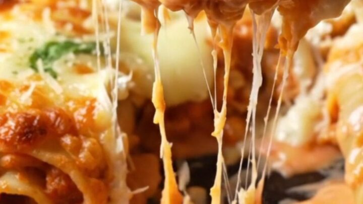 A close-up of crispy lasagna roll-ups in a cast-iron skillet with bubbling blush sauce and melted mozzarella.