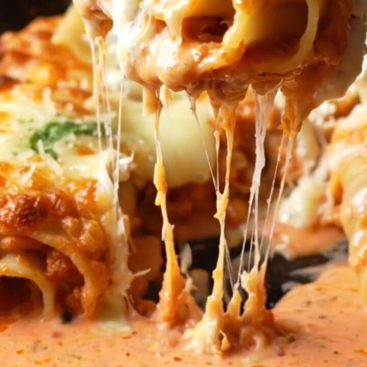 A close-up of crispy lasagna roll-ups in a cast-iron skillet with bubbling blush sauce and melted mozzarella.
