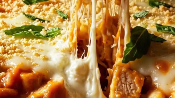 A golden, crispy chicken parm baked ziti casserole in a baking dish with melted mozzarella and fresh basil.