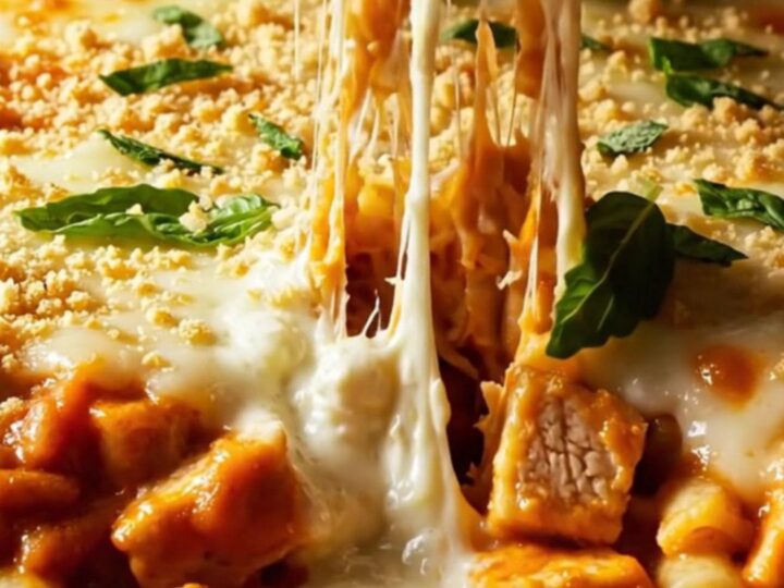A golden, crispy chicken parm baked ziti casserole in a baking dish with melted mozzarella and fresh basil.