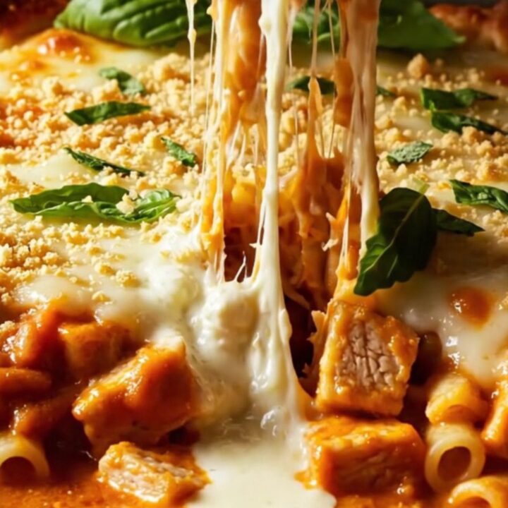 A golden, crispy chicken parm baked ziti casserole in a baking dish with melted mozzarella and fresh basil.