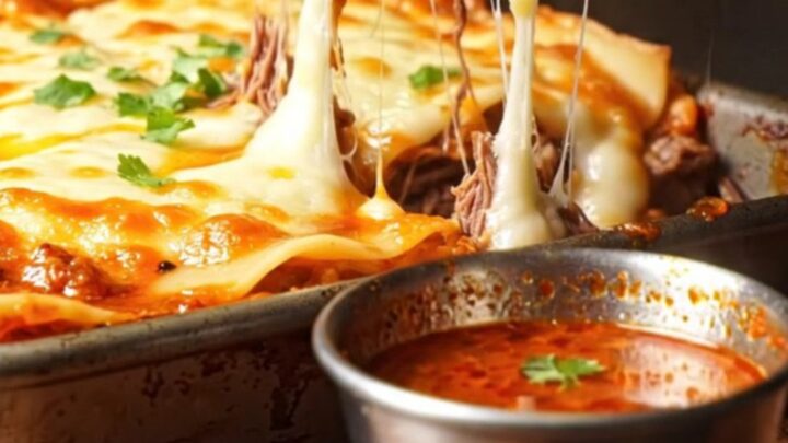 A slice of Quesabirria Lasagna being lifted from a baking dish, showing layers of beef and melted cheese.