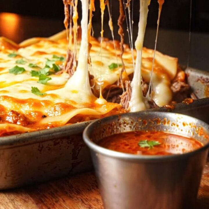 A slice of Quesabirria Lasagna being lifted from a baking dish, showing layers of beef and melted cheese.
