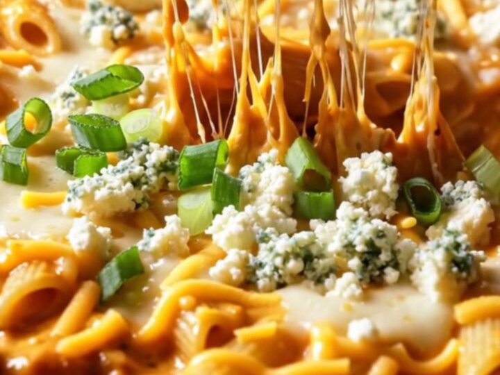 A close-up of a bubbling, cheesy buffalo chicken ranch baked penne with a crispy golden top.