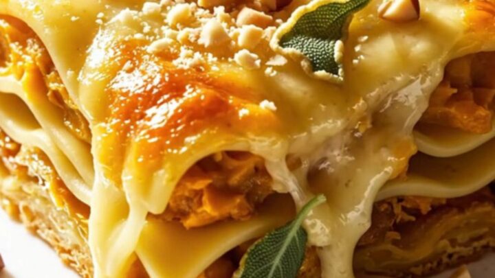 A golden, bubbling slice of butternut squash lasagna topped with toasted hazelnuts and fried sage leaves.