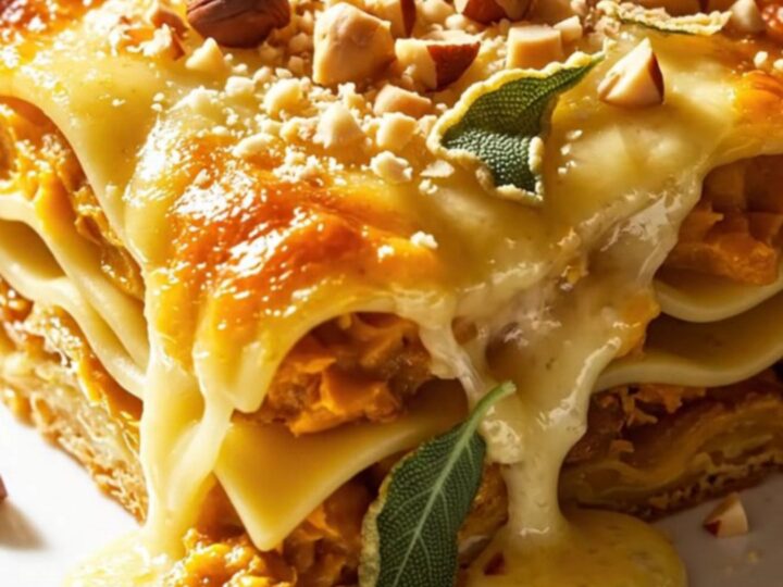 A golden, bubbling slice of butternut squash lasagna topped with toasted hazelnuts and fried sage leaves.