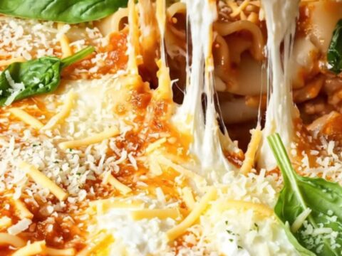 A close-up of a bubbling skillet filled with lasagna, showing melty cheese and fresh spinach.