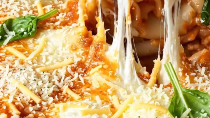 A close-up of a bubbling skillet filled with lasagna, showing melty cheese and fresh spinach.