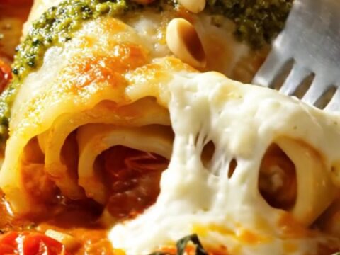 A close-up of pesto ricotta lasagna roll-ups sitting in a bed of burst cherry tomatoes and melted mozzarella.