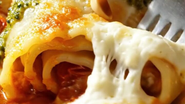 A close-up of pesto ricotta lasagna roll-ups sitting in a bed of burst cherry tomatoes and melted mozzarella.