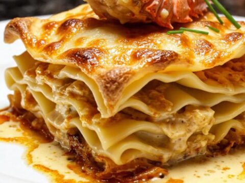 A slice of luxury lobster and Gruyère lasagna with a golden, bubbling cheese crust on a white porcelain plate.