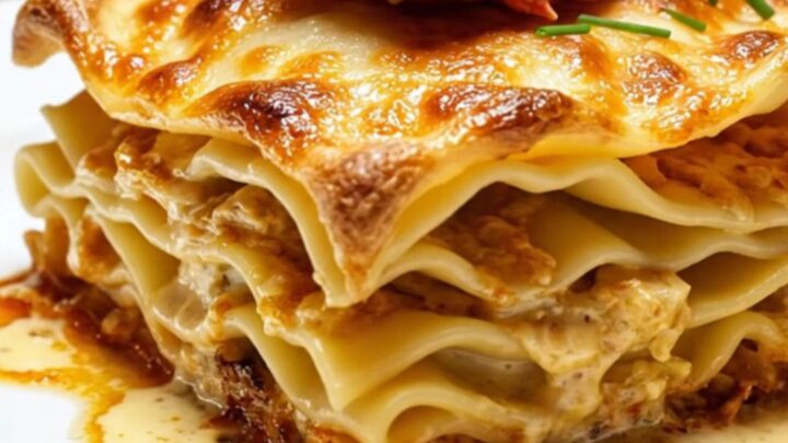 A slice of luxury lobster and Gruyère lasagna with a golden, bubbling cheese crust on a white porcelain plate.