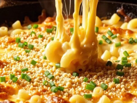 A cast-iron skillet filled with bubbly, golden-brown mac and cheese with a visible garlic panko crust.