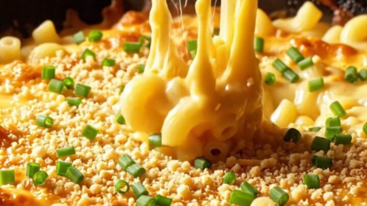 A cast-iron skillet filled with bubbly, golden-brown mac and cheese with a visible garlic panko crust.