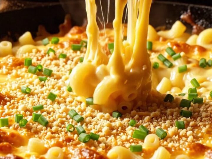 A cast-iron skillet filled with bubbly, golden-brown mac and cheese with a visible garlic panko crust.