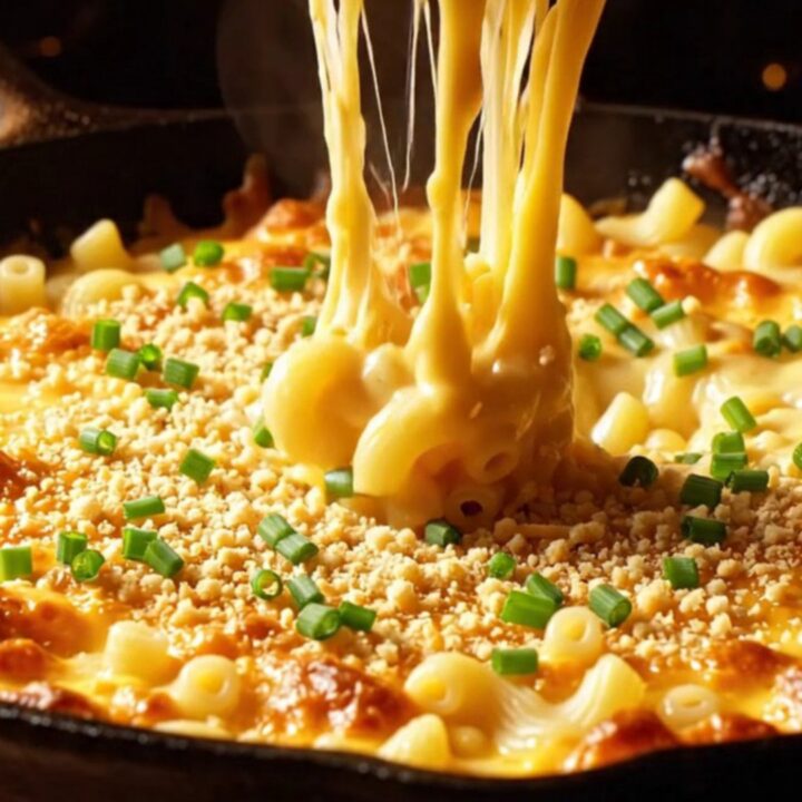 A cast-iron skillet filled with bubbly, golden-brown mac and cheese with a visible garlic panko crust.