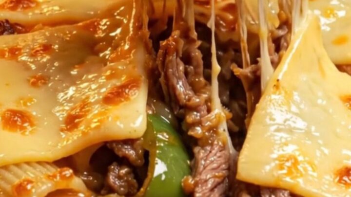 A close-up of a baked rigatoni dish topped with blistered, golden-brown provolone cheese and shaved steak.