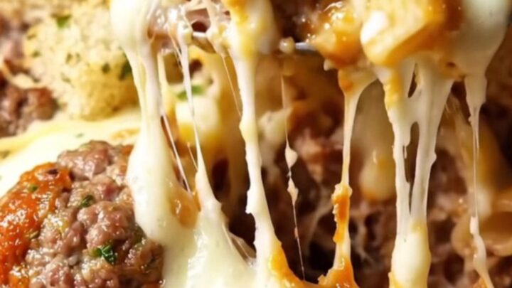 A close-up of a meatball sub pasta bake with melted cheese and crispy garlic bread.