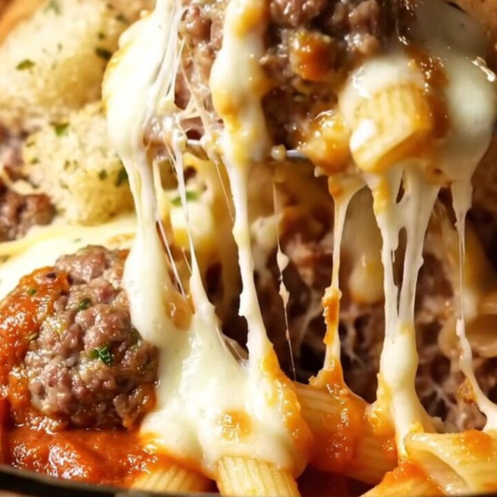 A close-up of a meatball sub pasta bake with melted cheese and crispy garlic bread.