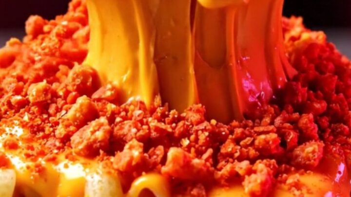A close-up shot of creamy, molten queso mac and cheese topped with a vibrant, shattered layer of bright red spicy corn chips.